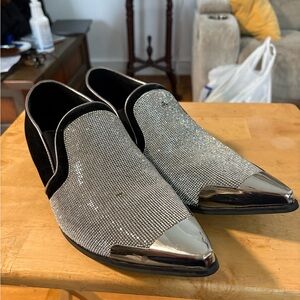 Crystal-Embellished Black Velvet Slip-On Loafers with Silver Toe